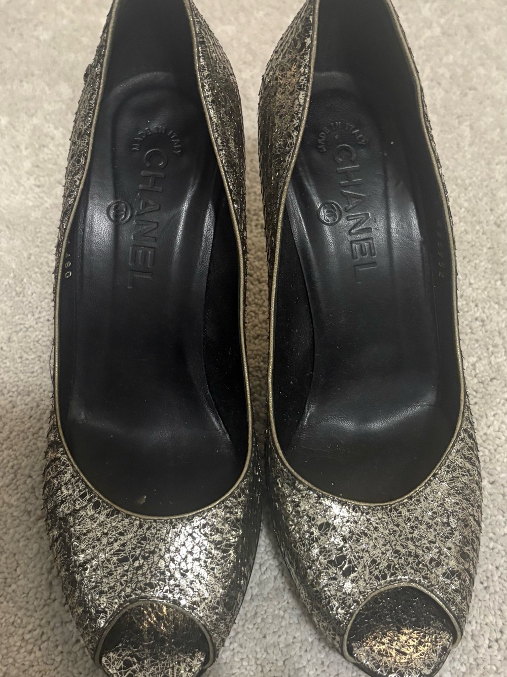 CHANEL Metallic Gold Open-Toe Pumps python.